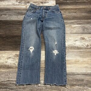 Levis 501 Light Wash Blue Womens 24x25 Distressed Button Fly Denim Jeans Cropped